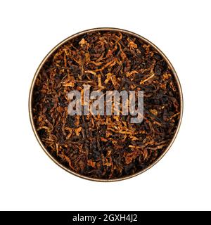 Close up round tin of ready rubbed long coarse cut pipe tobacco blend, isolated on while background, elevated top view, directly above Stock Photo