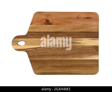 Close up of one rectangle shaped brown oak wood kitchen cutting board with handle isolated on white background Stock Photo