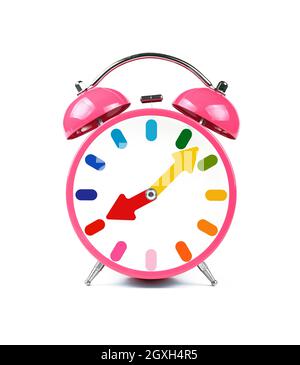 Close up one pink retro alarm clock with twin metal bells isolated on white background, low angle front view Stock Photo
