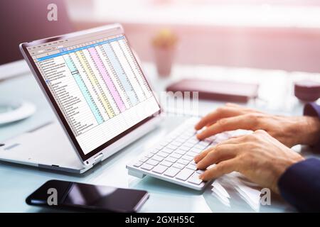 Analyst Auditor Using Electronic Spreadsheet On Hybrid Laptop Screen Stock Photo