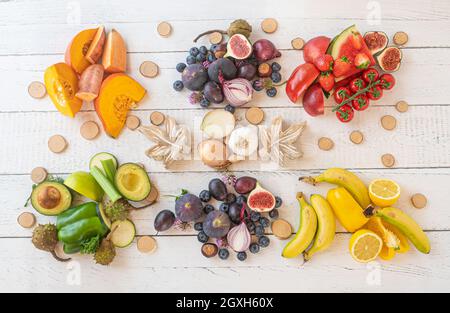 Fruit and vegetable food background. Flat lay on white background Stock Photo