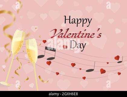 Posters sale discount for valentine's day with Heart, Champagne glass and romantic sheet music notes. Stock Vector