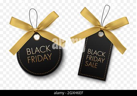 Black Friday sale black labels with gold bow isolated on white background. Vector tags Stock Vector