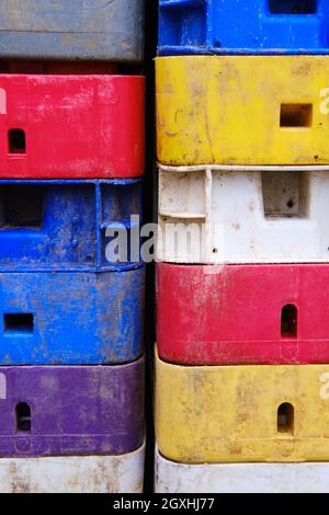 stack of colourful seafood crates Stock Photo