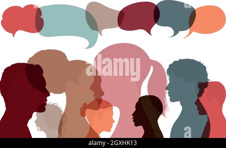 Silhouette heads faces of multicultural business people with speech bubble. Concept for expressing opinions evaluations and feedback. Communication Stock Vector