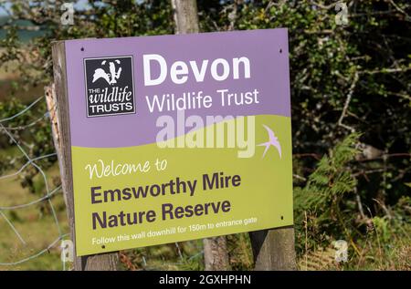 Dartmoor, Devon, England, UK. 2021,  A sign for Emsworthy Mire  nature reserve near Widecombe on the Moor on Dartmoor, Devon, UK. Stock Photo