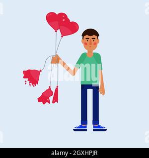 Man holding balloons with heart shapes. Exploding and deflated balloons. Metaphor of breakup, heartbroken person. Stock Vector