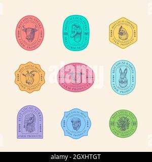 Meat Vegetables and Poultry Farm Retro Framed Badges or Logo Templates Collection. Hand Drawn Domestic Animals and Birds Sketches with Retro Stock Vector