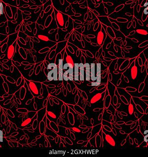 Barberry seamless pattern. Hand drawn berry on black background. Stock Vector