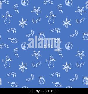 Christmas and Happy New Year seamless pattern with pine cone, snowman and candy. Isolated on blue vector illustration. Endless holiday background Stock Vector