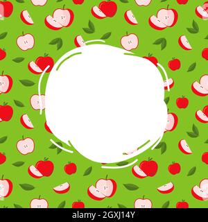 Round white label for text on green background with Bright red apples and leaves. Swirling green pattern with apples. Vector template design. Stock Vector