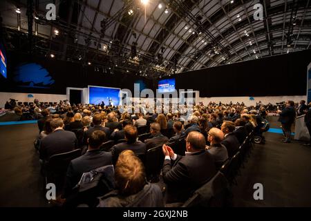 Manchester, England, UK. 5th Oct, 2021. PICTURED: Rt Hon Sajid Javid MP - Secretary of State for Health and Social Care seen giving a key note speech at conference. Scenes during the at the Conservative party Conference #CPC21. Credit: Colin Fisher/Alamy Live News Stock Photo