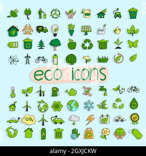 ecology icon set hand drawn illustration vector isolated on blue background Stock Vector