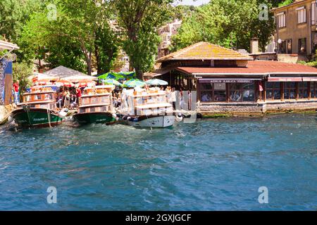 Istanbul, Turkey; May 26th 2013: Small town with boats on the Bosphorus coast. Stock Photo