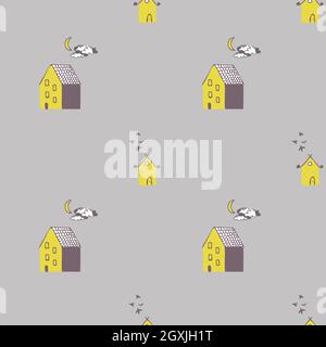 Grey background pattern with yellow and purple houses, moon, clouds and birds. Stock Vector