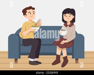 Illustration of a young couple, cafe visitor on couch of cafe having food and chatting. Modern flat vector concept illustration. Stock Vector