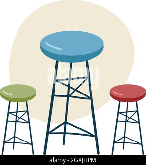 Designed chair, stool sitting in front of bar. Modern Cafeteria counter sitting isolated vector illustration Stock Vector