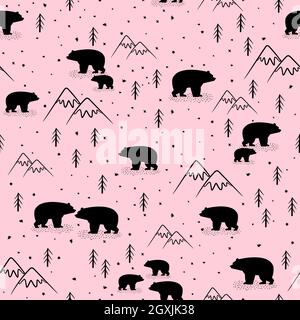 Seamless vector pattern with black cute bears on pink background Stock Vector