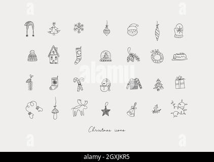 Christmas icons drawing in hand sketch style on grey background Stock Vector