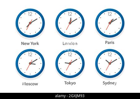 Flat Vector Wall Office Clock Icon Set. Time Zones of Different Cities, White Dial. Design Template of Wall Clock, Timezones. Closeup. Top, Front View Stock Vector