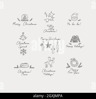 Christmas labels with lettering drawing in hand sketch style on grey background Stock Vector