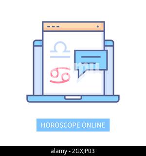 Horoscope online - modern line design style icon on white background. Neat detailed image of laptop with opened window and text box. Astrological fore Stock Vector