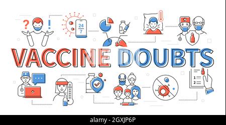 Vaccine doubts - modern line design style icons set. Orange and blue selection of images on a white background. Global problem, pandemic, virus, healt Stock Vector