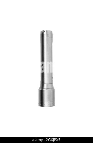 Modern silver metal LED flashlight. Pocket portable rechargeable lighting device. Isolate on a white background. Stock Photo