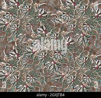Ornamental digital art photo manipulation technique floral collage seamless pattern mixed in pale dark tones. Stock Photo