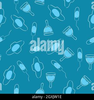 Menstruation theme Period Various feminine hygiene products Zero waste objects, pads, cups, protection, Hand drawn vector seamless pattern Blue backgr Stock Vector