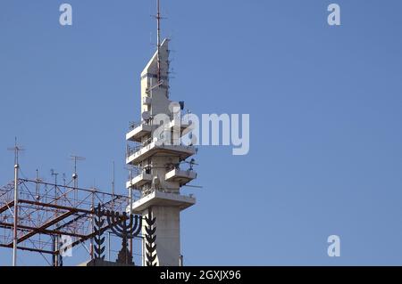 The Marganit tower with antennas and other transmission equipment located at the HaKirya, or the Kirya which contains the major Israel Defense Forces (IDF) base Camp Rabin in Tel Aviv Israel Stock Photo