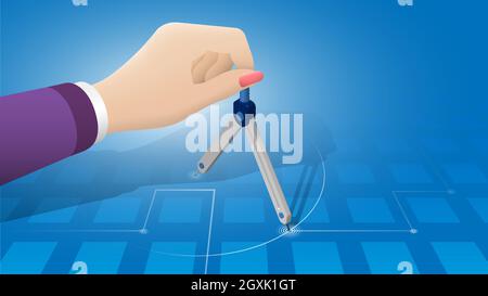 Concept. Drawing compass, divider for sketching In hand of engineer or designer. Realistic vector Stock Vector