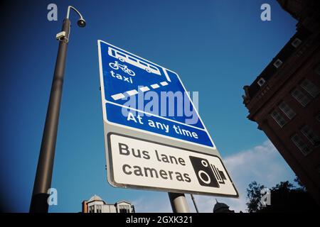 Bus Lane only road sign in Manchester UK only for use by buses bicycles and taxis in 2021