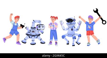 Kids electronic, robotics and engineering education. Children programming robots, flat cartoon vector illustration isolated on white background. Kids Stock Vector