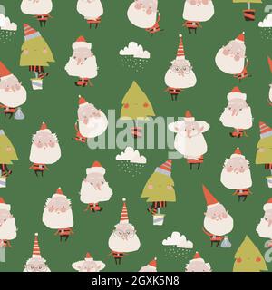 Seamless Pattern with Funny Cartoon Santa Clauses on Green Background Stock Vector