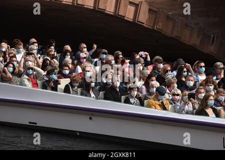 Tourists wearing Covid pandemic face masks on sight seeing boat  Strasbourg France 2021 coronavirus virus tourism holidays travel vacation passengers Stock Photo