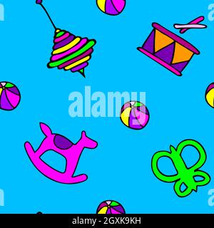 Blue background pattern with kids toys, butterfly and horse, drum. Stock Vector