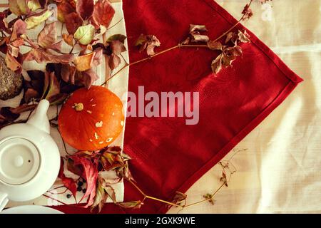 Stylish thanksgiving autumn table decor with pumpkin and dried branches Stock Photo