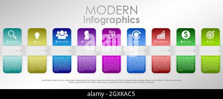 EPS10 Vector illustration. Business infographic process with realistic elements. Impact template design with icons and 9 steps. Stock Vector