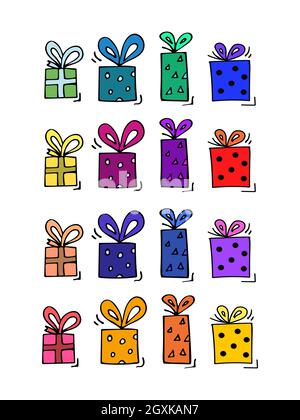 Hand drawn vector with bright presents. Vector illustration. Doodle Stock Vector