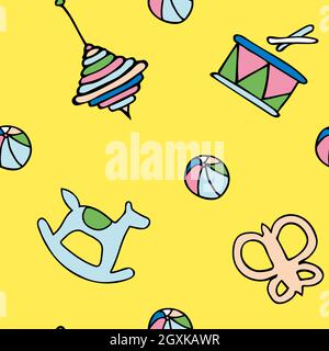 Yellow background pattern with kids toys, butterfly and horse, drum. Stock Vector