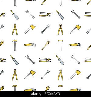 Seamless pattern with repair tools, screwdriver, hatchet, ax, pliers, saw, hammer, adjustable wrench.  Stock Vector