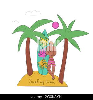 Surfer with board at sunset under palm trees in cartoon style. Lettering Surfing time. Vector illustration. Stock Vector