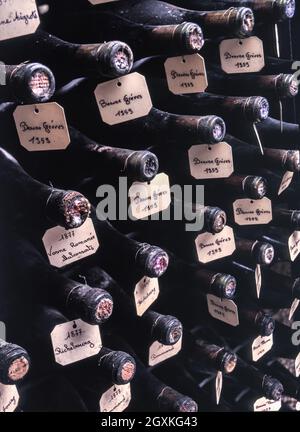 Burgundy cellar collection fine rare old historic wines recorked to preserve aging process and for luxury tastings with labels,, ranging from 1877 Richebourg & Vosne Romanee Malconsorts 1877, to 1950's Beaune Greves etc in the cellars of Louis Jadot Beaune Cote d'Or Burgundy France Stock Photo
