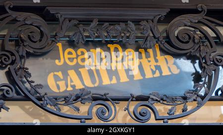 Logo at the entrance of the building of the haute couture house Jean-Paul Gaultier in Paris Stock Photo