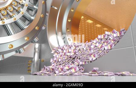 wads of euro money coming out of a vault door. 3d render. Stock Photo