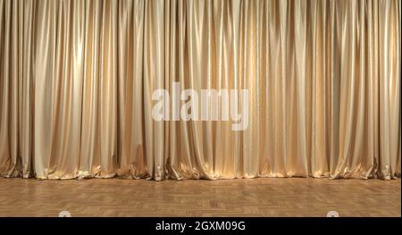 gold curtains and wooden floor. 3d render. concept of luxury and exclusivity. Stock Photo