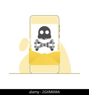 Malicious Email. Problem with Phone. Message with a Skull on Phone Screen Stock Vector