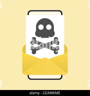 Malicious Email. Problem with Phone. Message with a Skull on Phone Screen Stock Vector