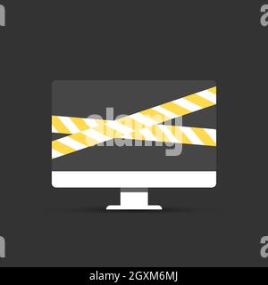 Computer is Wrapped in Warning Ribbons. Problem with Computer Stock Vector